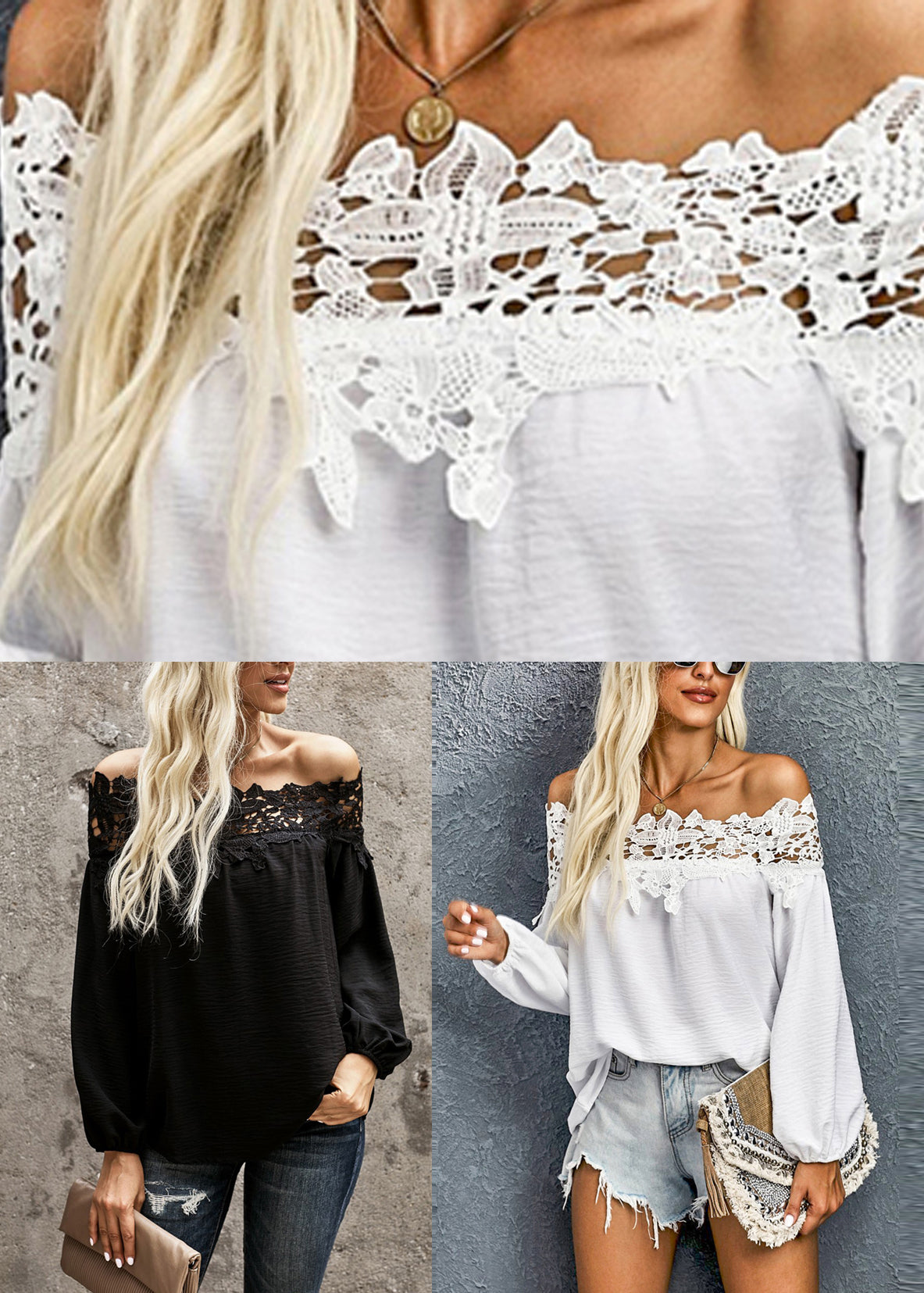 Slash Black Neck Lantern Lace Patchwork Sleeve Shirt