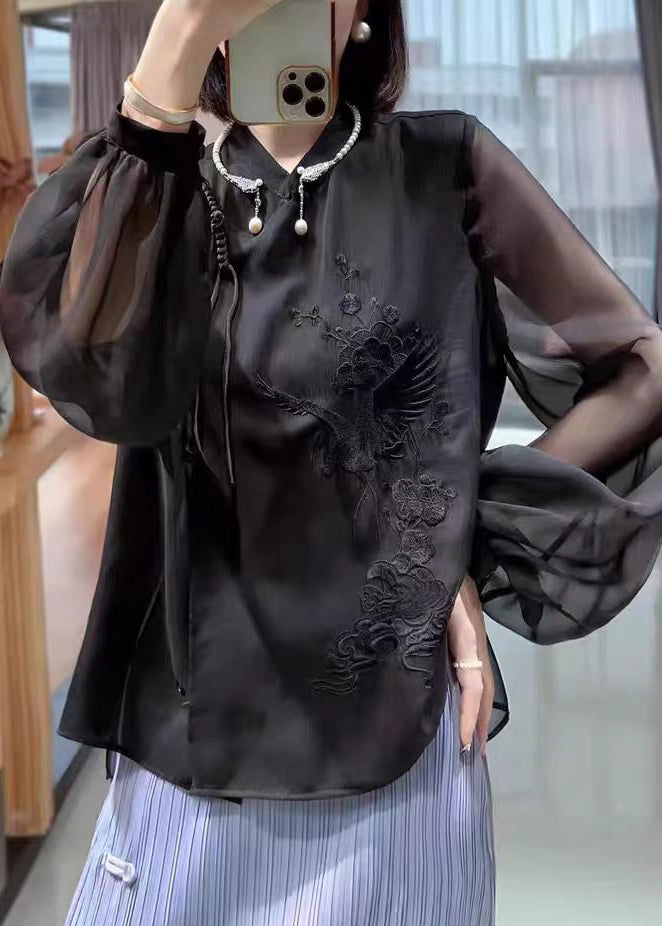 Black Solid Button Chiffon Blouses Stand Collar Lantern Sleeve Ada Fashion