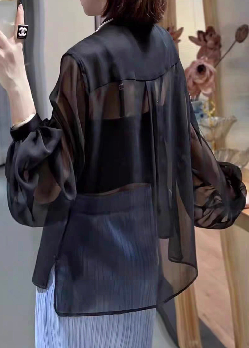 Black Solid Button Chiffon Blouses Stand Collar Lantern Sleeve Ada Fashion