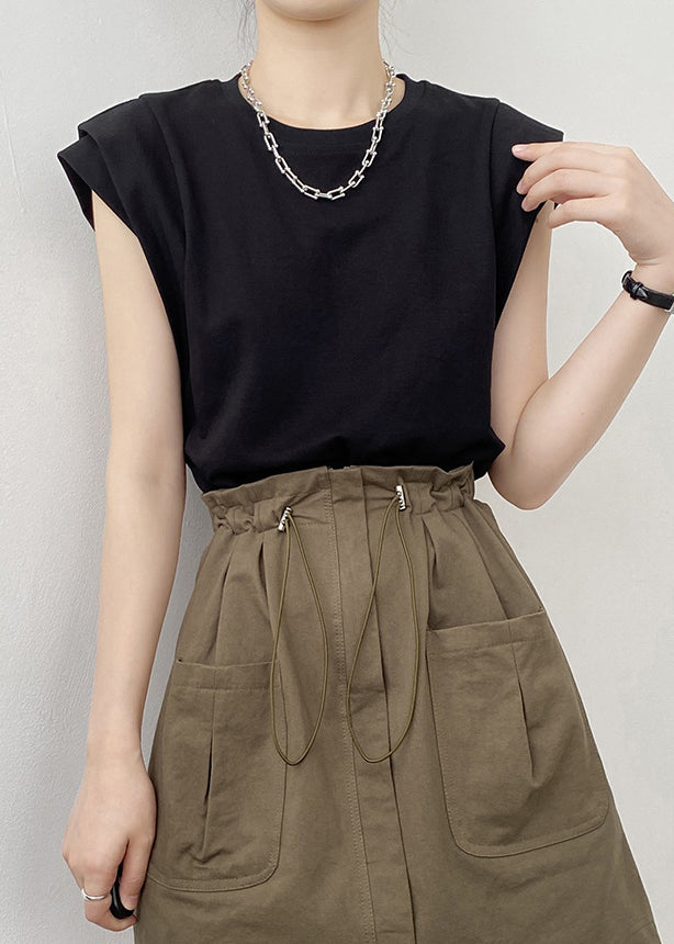 Black Solid Cotton T Shirts O Neck Summer YH004