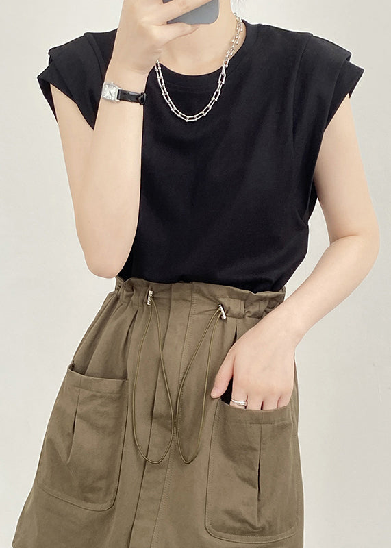 Black Solid Cotton T Shirts O Neck Summer YH004