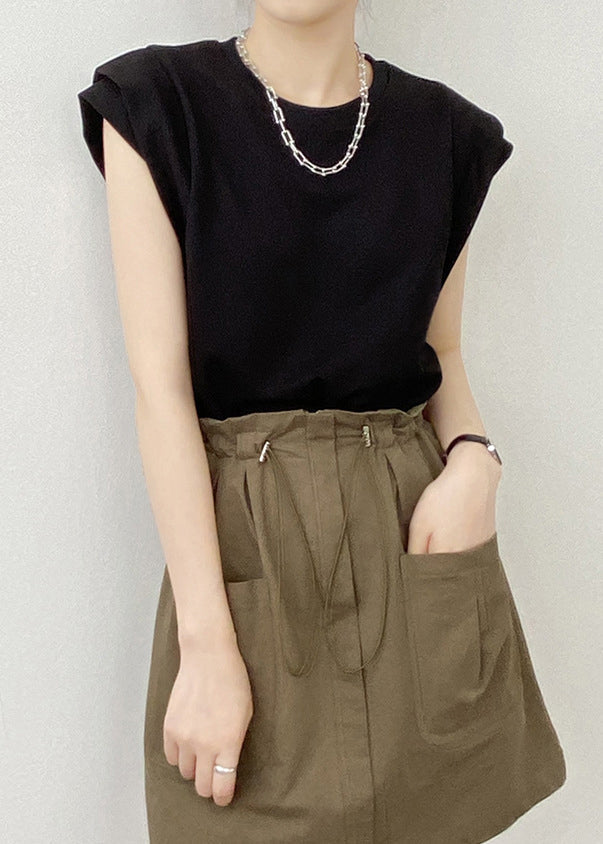 Black Solid Cotton T Shirts O Neck Summer YH004