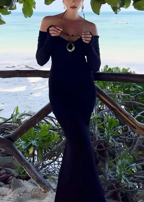 Black Long Spring Open Back High Side Solid Dress Cotton Waist