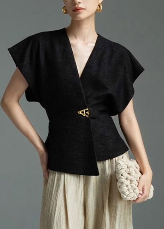 Solid Shirt Sleeveless Black Asymmetrical