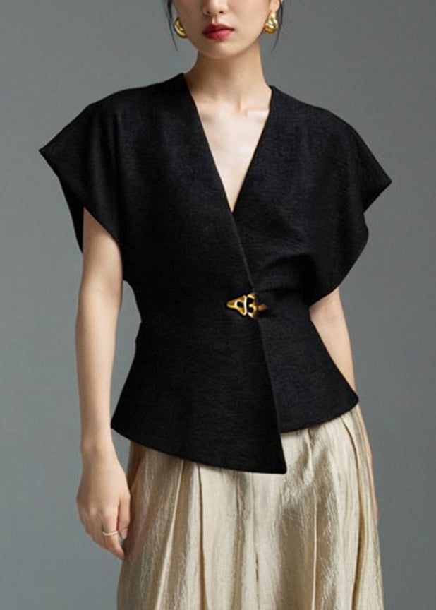 Solid Shirt Sleeveless Black Asymmetrical