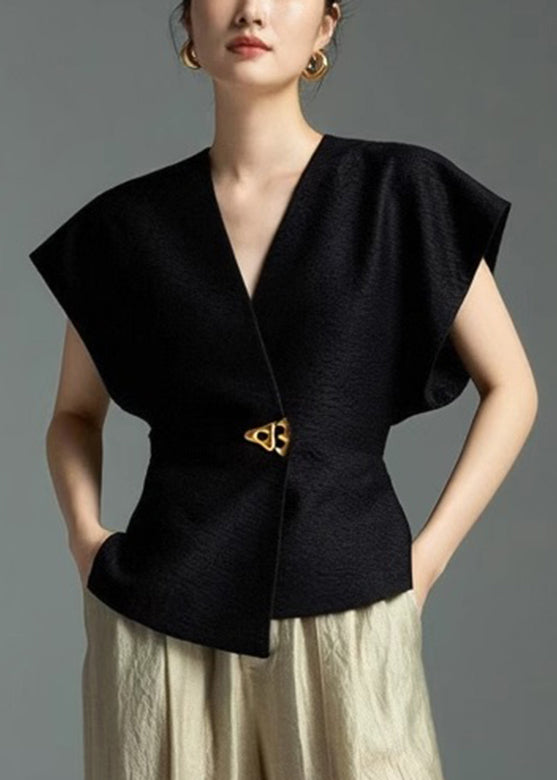 Solid Shirt Sleeveless Black Asymmetrical