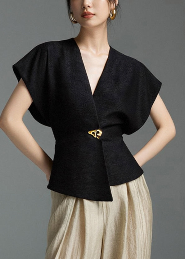Solid Shirt Sleeveless Black Asymmetrical