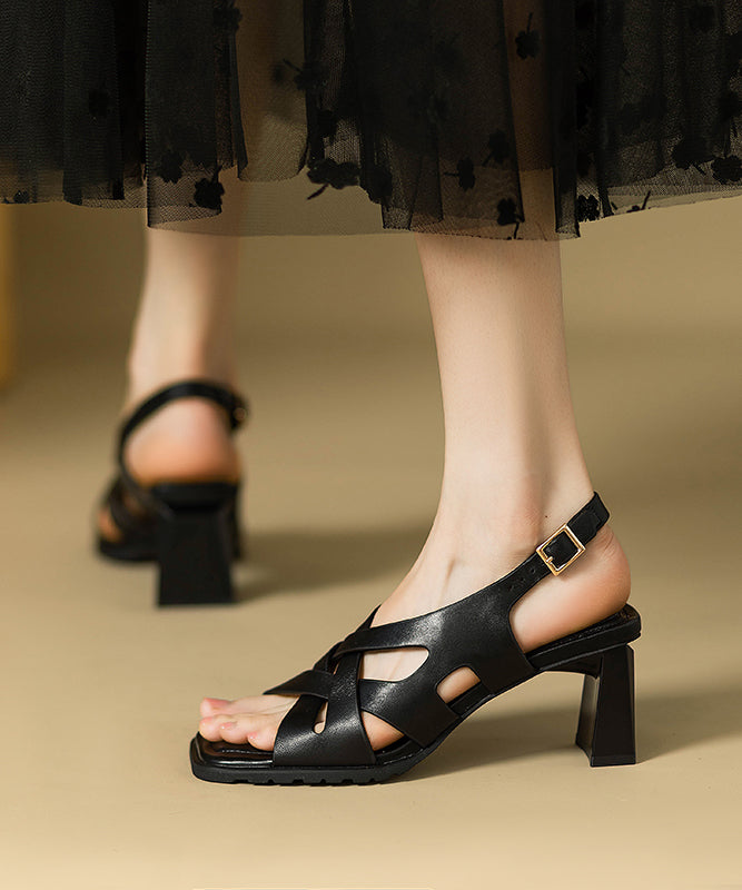 Peep Out Sandals Chunky Black Splicing Hollow Heel Toe