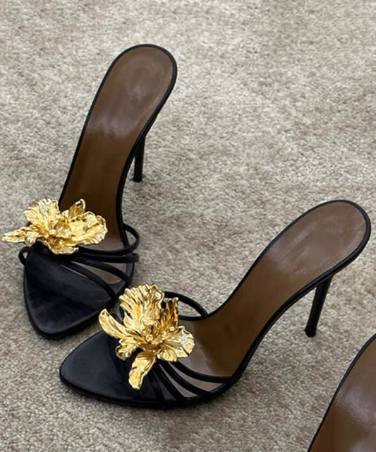Floral Black Splicing Fashion Sandals Faux Leather Slide Stiletto