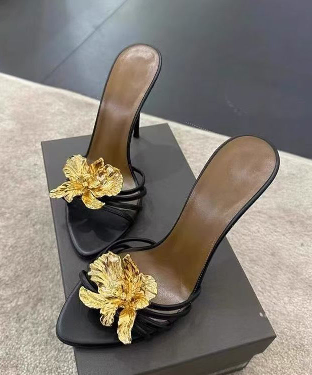 Floral Black Splicing Fashion Sandals Faux Leather Slide Stiletto