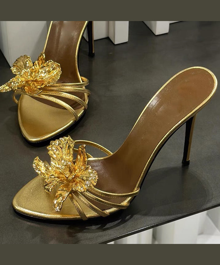 Floral Black Splicing Fashion Sandals Faux Leather Slide Stiletto