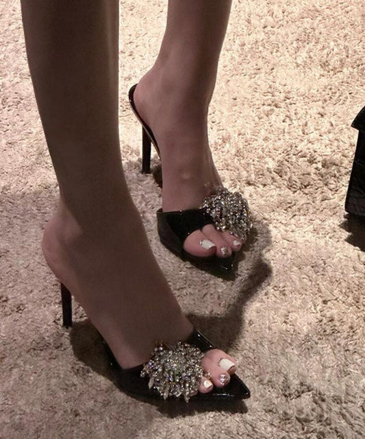 Sandals Leather Black Stiletto Zircon Fashion Slide Faux