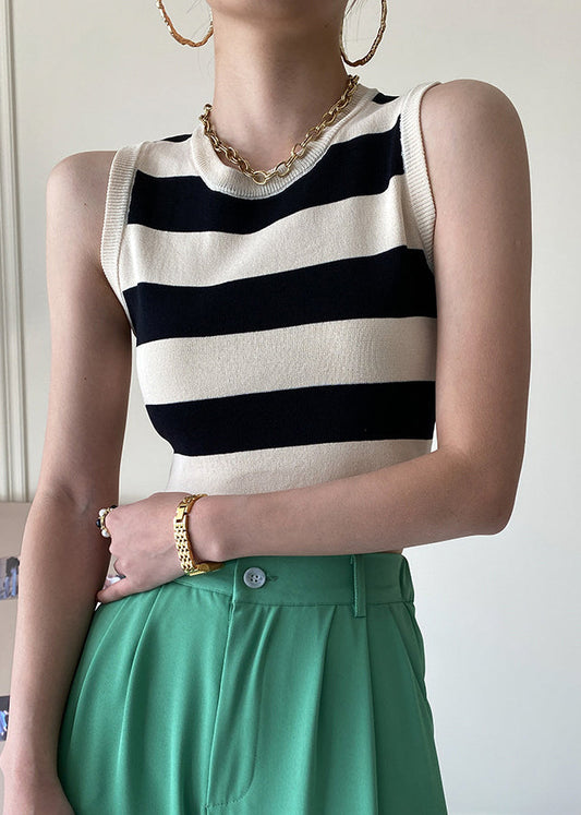 Black Striped Cozy Knit Tank O Neck Summer