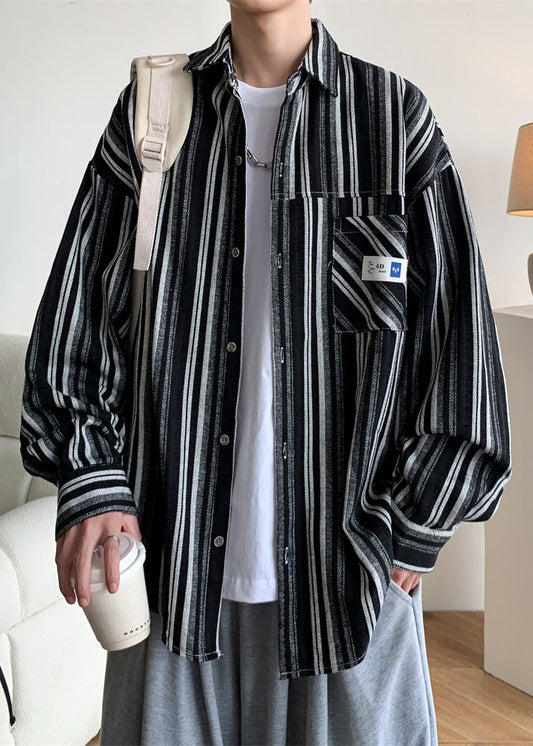 Pan Striped Cotton Collar Shirts Men Peter Oversized Black Spring