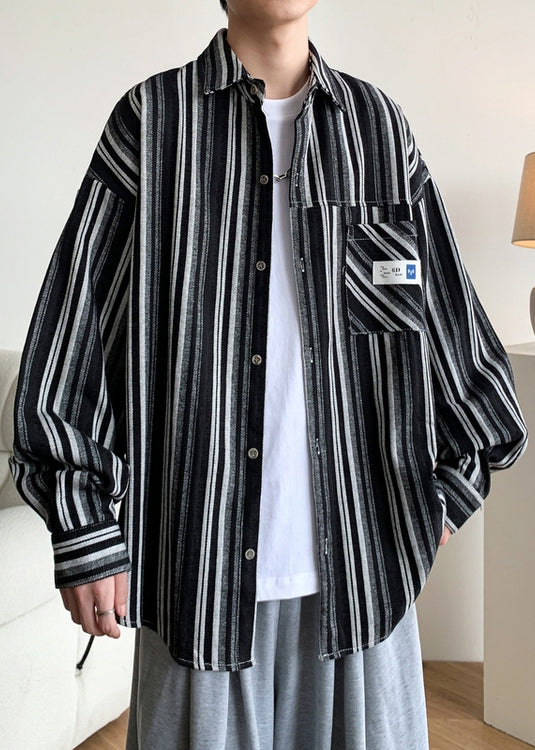 Pan Striped Cotton Collar Shirts Men Peter Oversized Black Spring