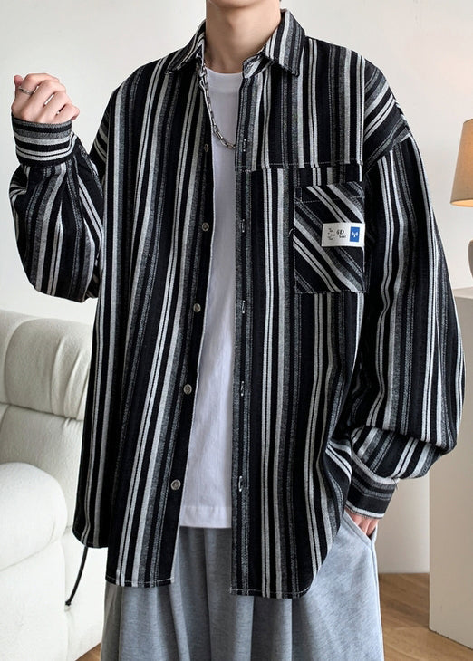 Pan Striped Cotton Collar Shirts Men Peter Oversized Black Spring