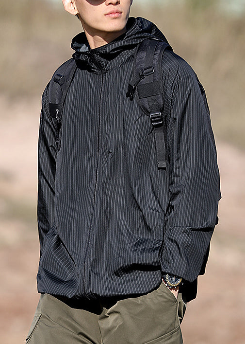 Black Men Hooded Zippered Silk Striped Thin Ice Coat