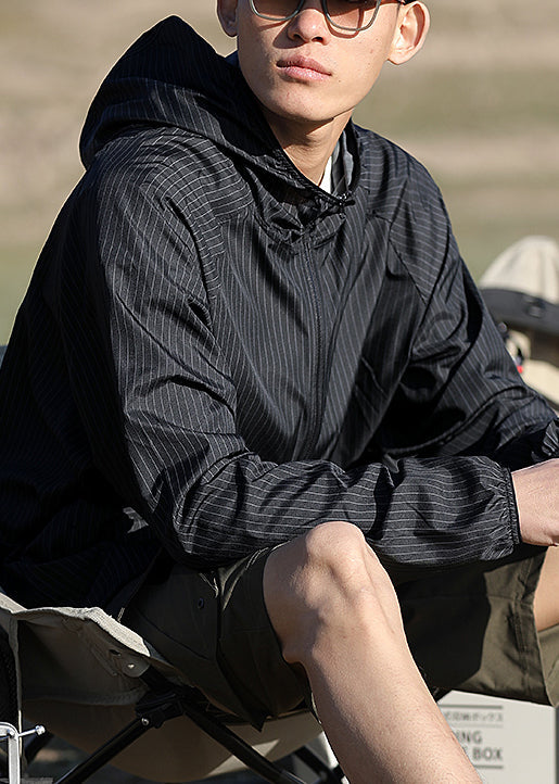 Black Men Hooded Zippered Silk Striped Thin Ice Coat