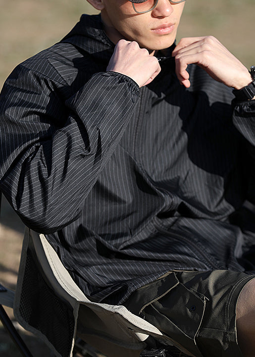 Black Men Hooded Zippered Silk Striped Thin Ice Coat