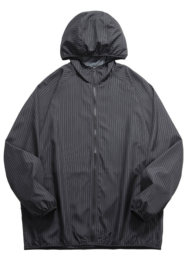 Black Men Hooded Zippered Silk Striped Thin Ice Coat
