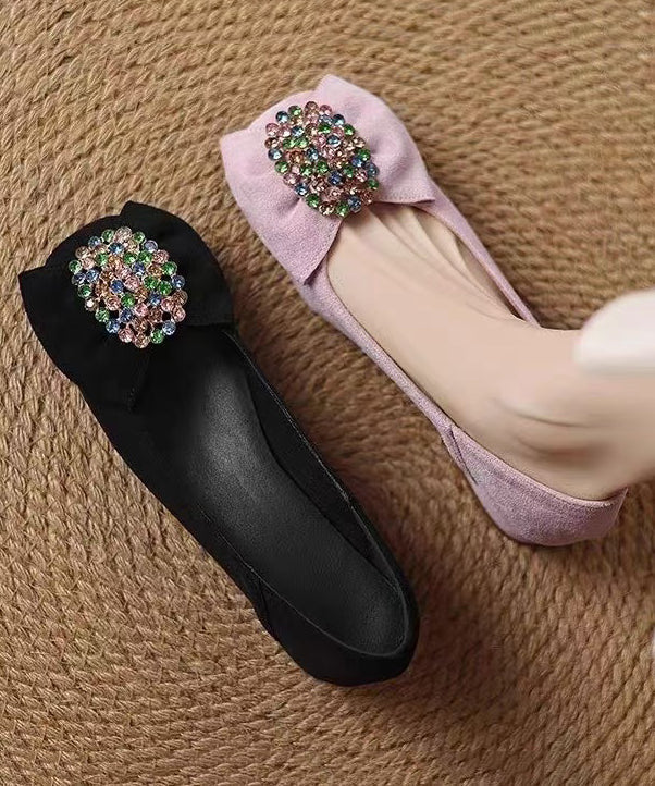 Comfy Zircon Penny Suede Bow Black Loafers Splicing