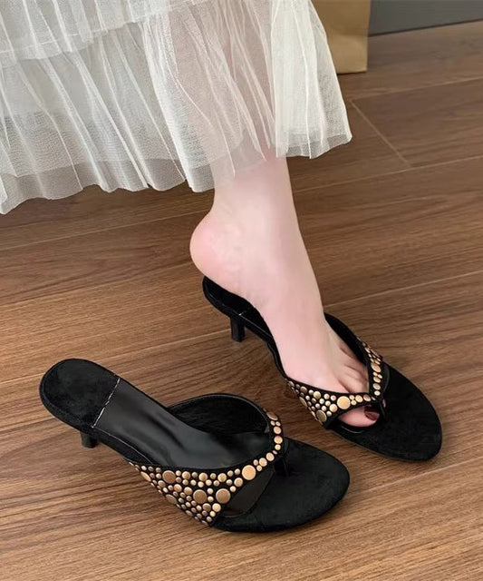 Flip Suede Splicing Flops Black High Rivet Heel
