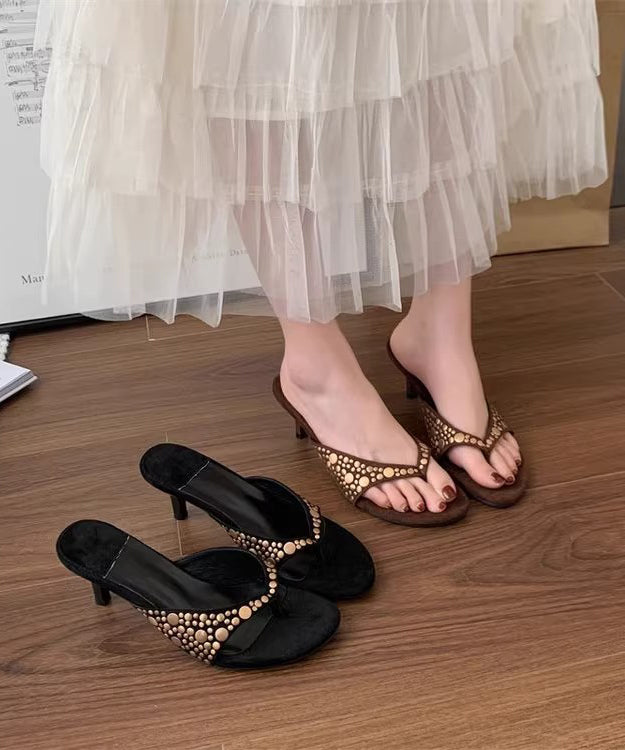 Flip Suede Splicing Flops Black High Rivet Heel