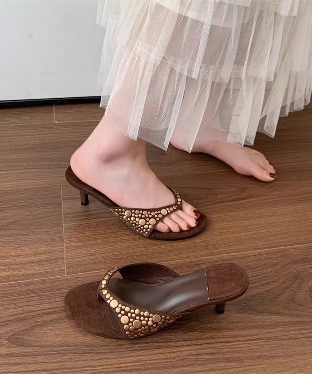 Flip Suede Splicing Flops Black High Rivet Heel