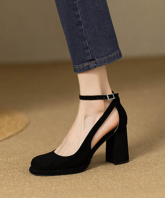 Splicing Out Chunky Heel Strap Buckle Suede Hollow Black Sandals