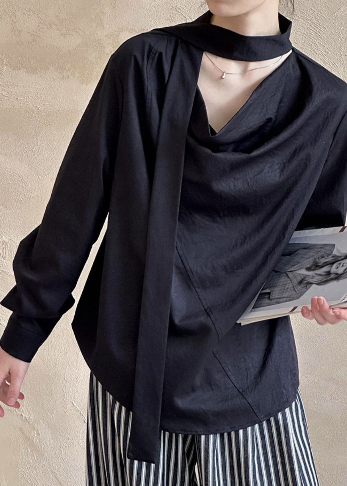 Long ShirtTops T Asymmetrical Sleeve Black