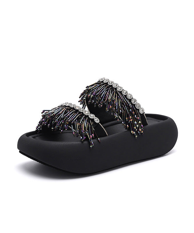 Sandals Black Slide Tassel Peep Toe Platform Splicing