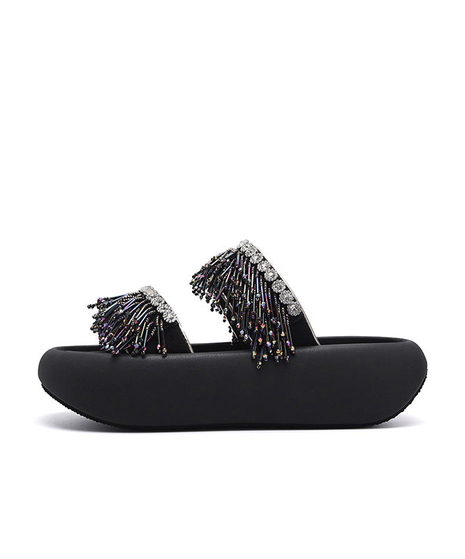 Sandals Black Slide Tassel Peep Toe Platform Splicing
