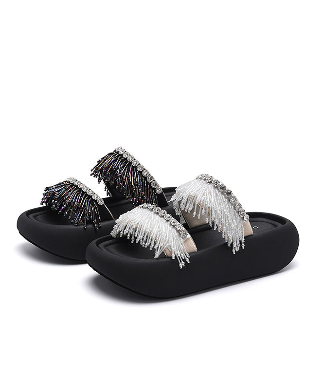 Sandals Black Slide Tassel Peep Toe Platform Splicing