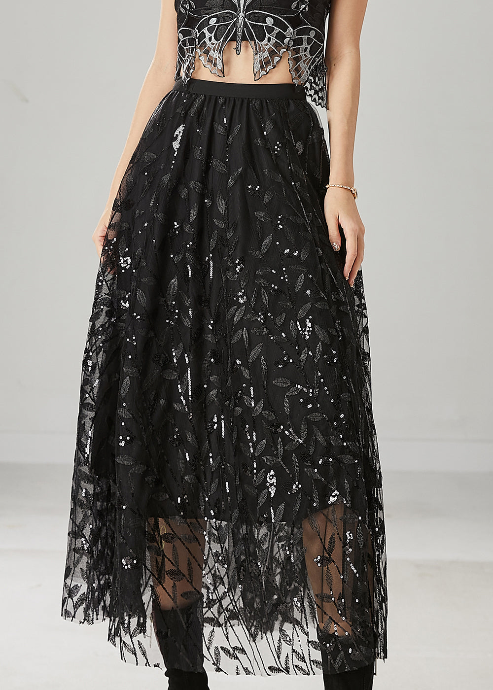 Black Tulle Holiday Skirt Leaf Sequins Spring YU1019