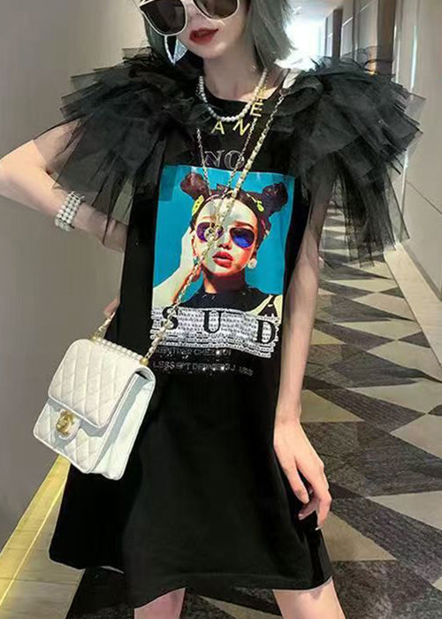 Shirt Black T Cotton Summer Patchwork Dress O-Neck Tulle