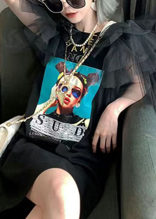 Shirt Black T Cotton Summer Patchwork Dress O-Neck Tulle