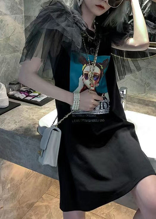 Shirt Black T Cotton Summer Patchwork Dress O-Neck Tulle