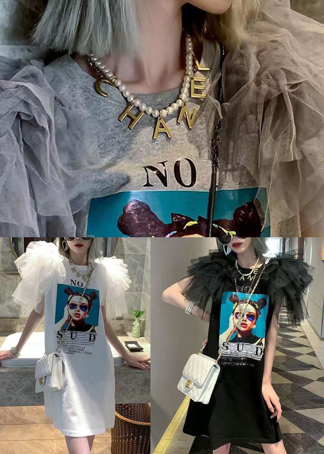 Shirt Black T Cotton Summer Patchwork Dress O-Neck Tulle