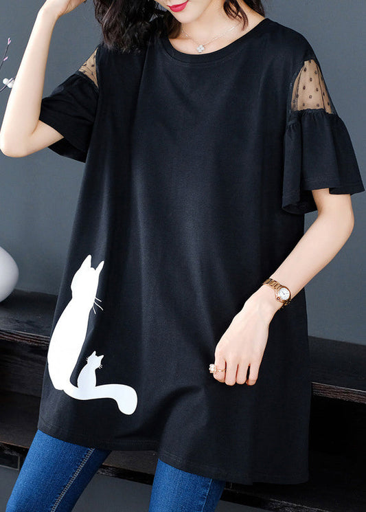 Black Tulle Short Sleeve Shirt Patchwork