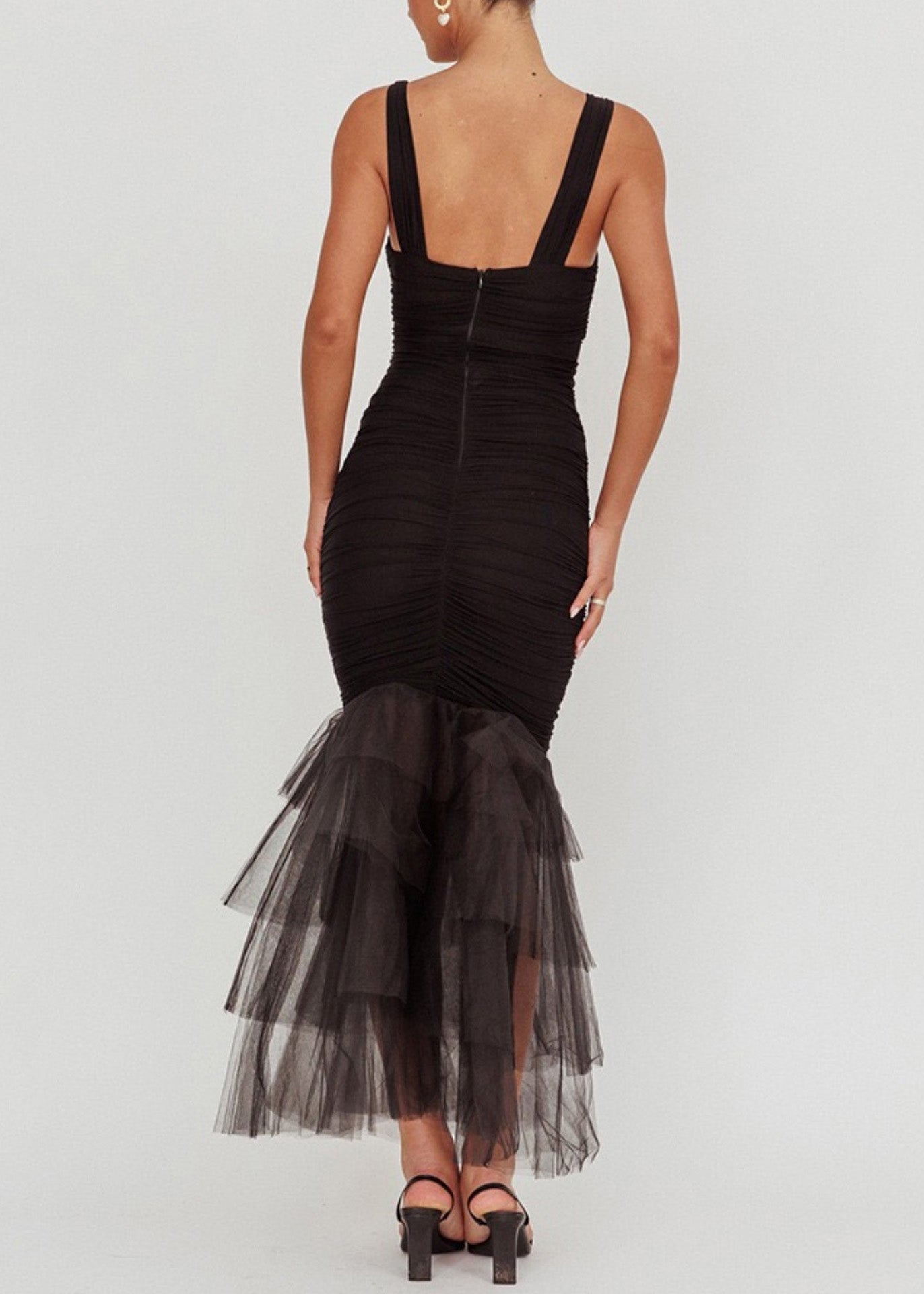 Dress Black Summer Wrinkled Strap Spaghetti Patchwork Tulle