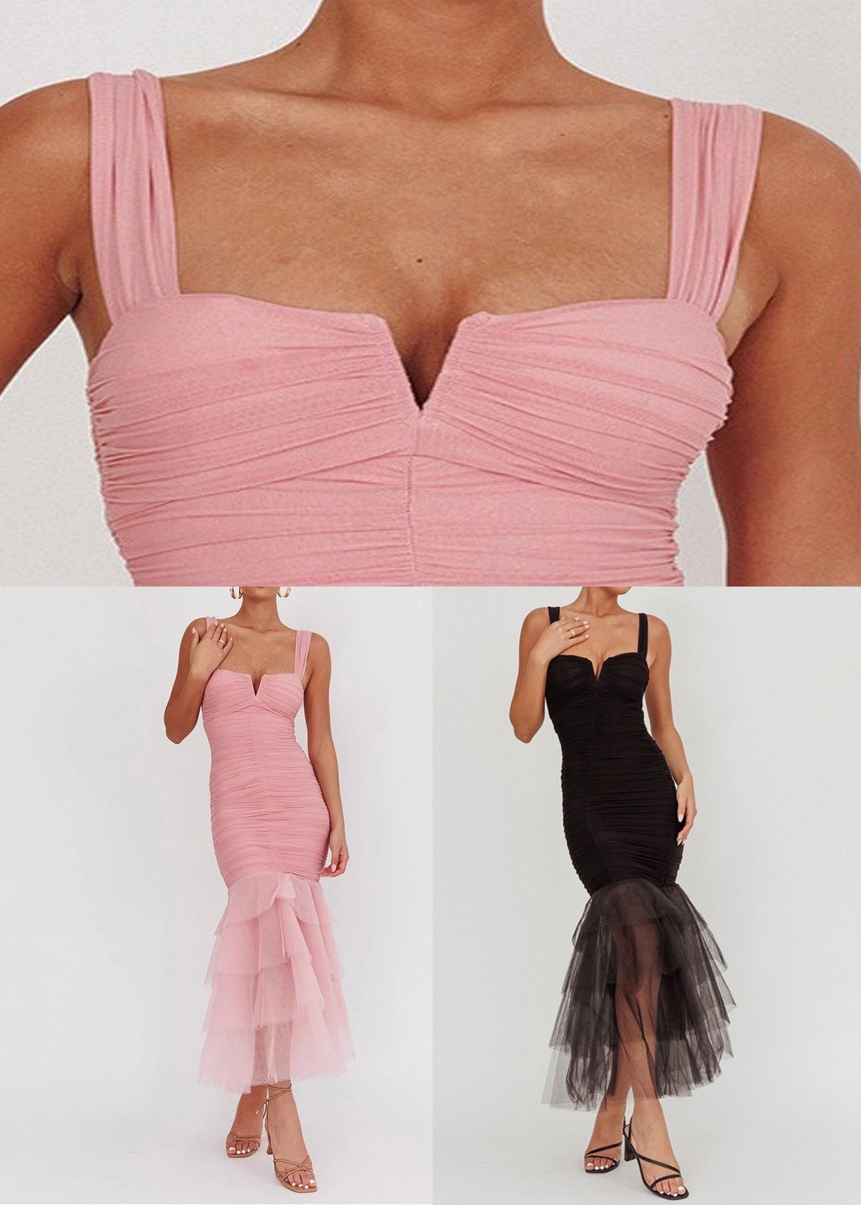 Dress Black Summer Wrinkled Strap Spaghetti Patchwork Tulle