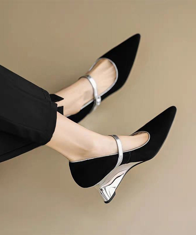 Heels Fitted Strap Suede Wedge Splicing Shoes Buckle Black