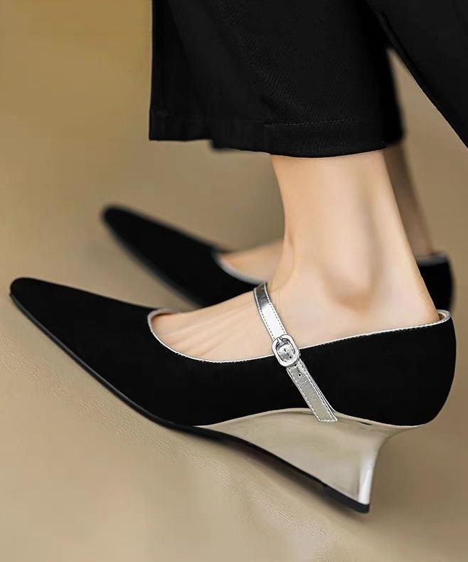 Heels Fitted Strap Suede Wedge Splicing Shoes Buckle Black