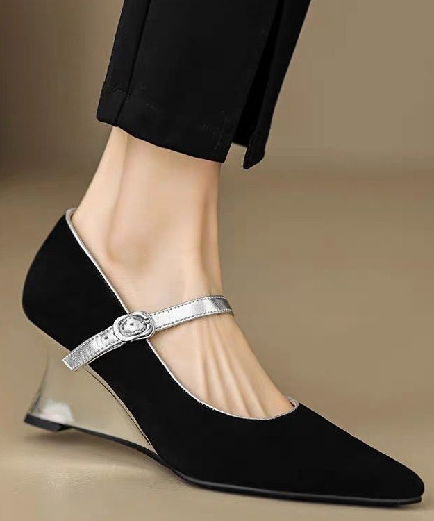 Heels Fitted Strap Suede Wedge Splicing Shoes Buckle Black