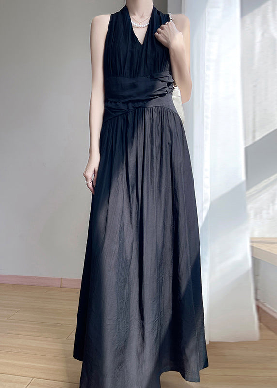 Neck Wrinkled Black Cotton Solid Summer Maxi Dresses V