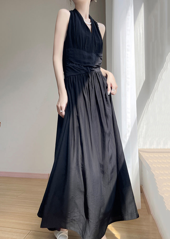 Neck Wrinkled Black Cotton Solid Summer Maxi Dresses V