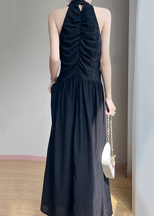 Neck Wrinkled Black Cotton Solid Summer Maxi Dresses V