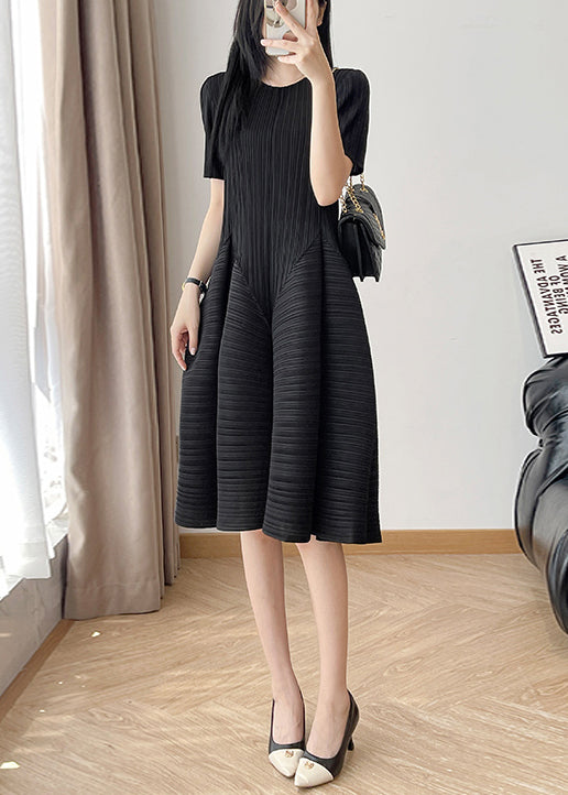 Black Summer O Wrinkled Solid Cotton Dress Neck