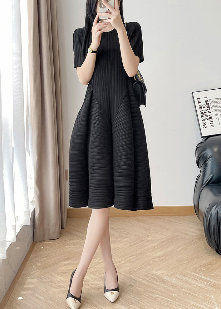 Black Summer O Wrinkled Solid Cotton Dress Neck