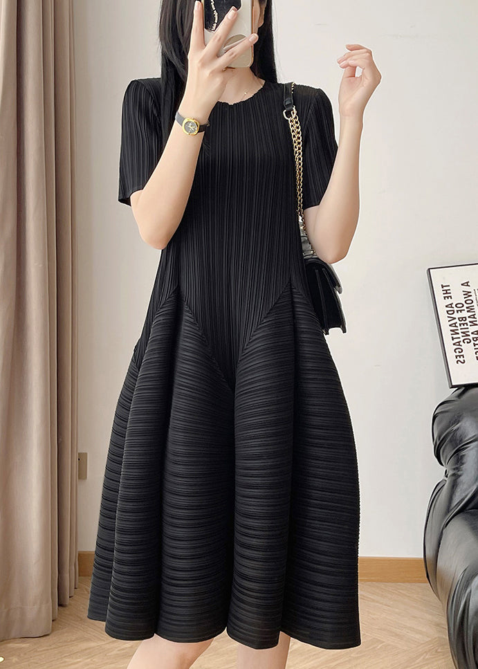 Black Summer O Wrinkled Solid Cotton Dress Neck